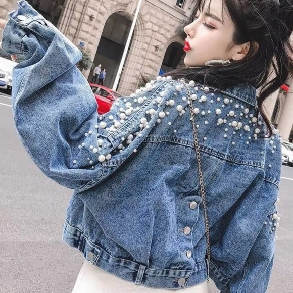 Medium Wash Faux pearl Button up Oversized Jean Denim jacket - Picture 3 of 8